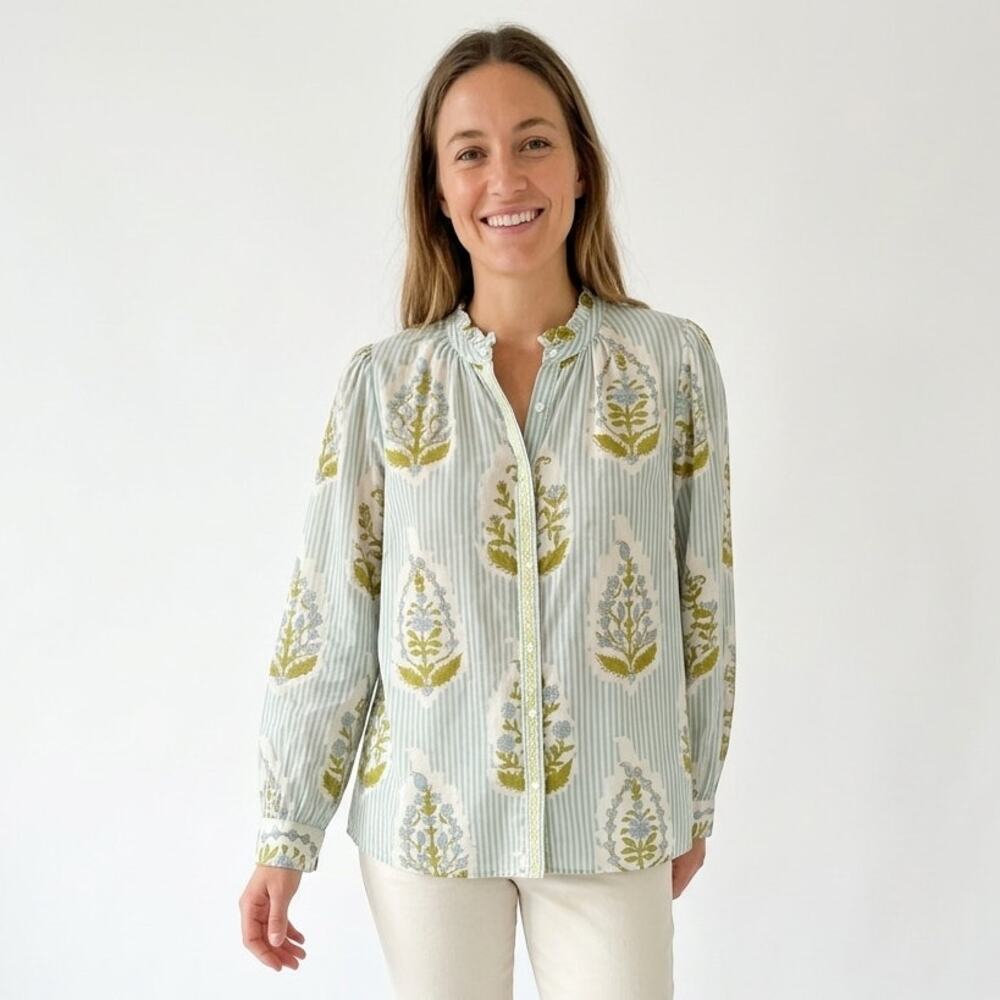 Spartina 449 Laurita Blouse Top Women's 2XL Blue Green Stripe Floral Ruffle Boho